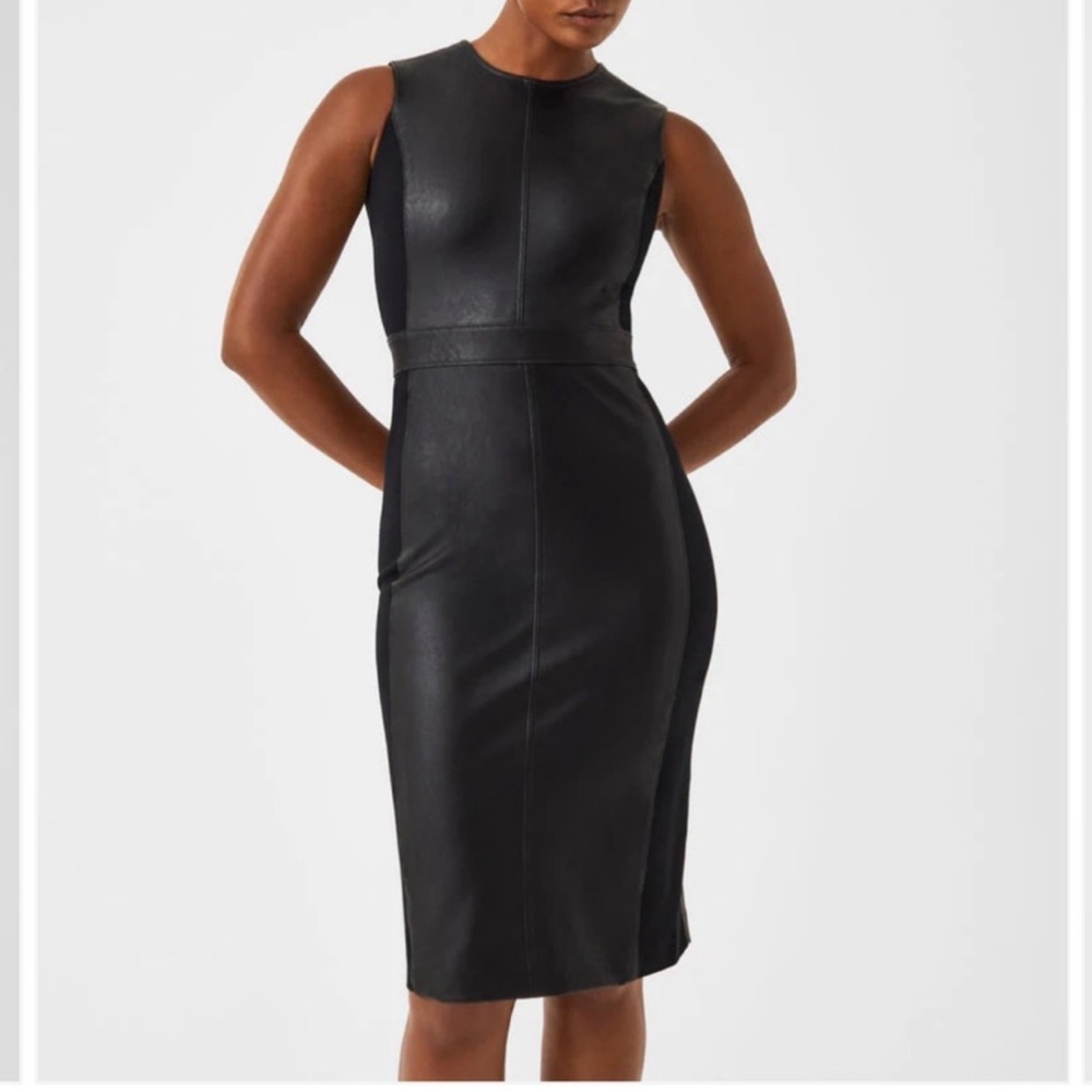 SPANX Leather-Like Mixed Media Combo Fitted Pencil Dress, Black Luxe, Size L NWT